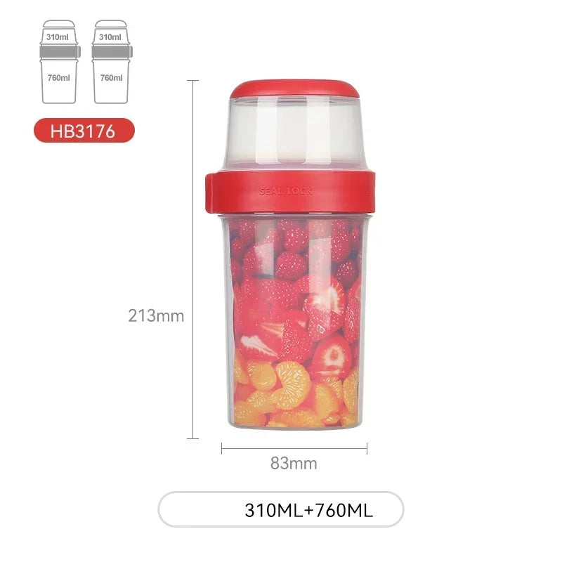 Tragbarer Doppelter Frischhaltebehälter für Müsli, Joghurt & Salate