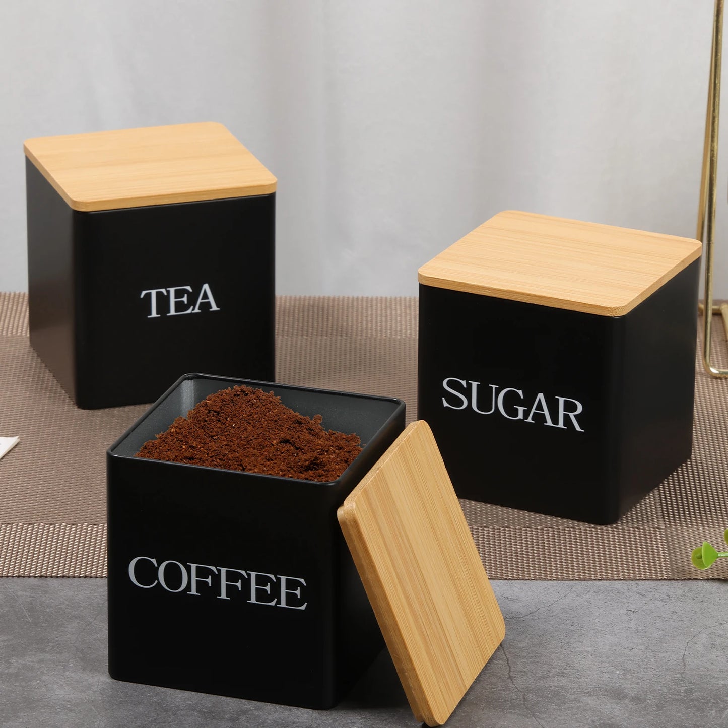 Küchen-Trio „Bambus & Metal“ – Set für Tee, Kaffee & Zucker