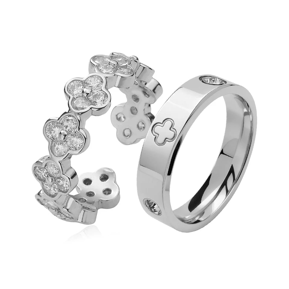 Französisches Nischen-Ring-Set (Vierblättrige Blume & Zirkonia)