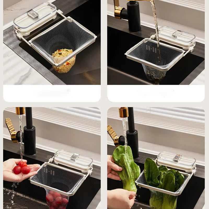 Faltbares Eck-Sieb-Rack für die Spüle mit 50 Netzbeuteln