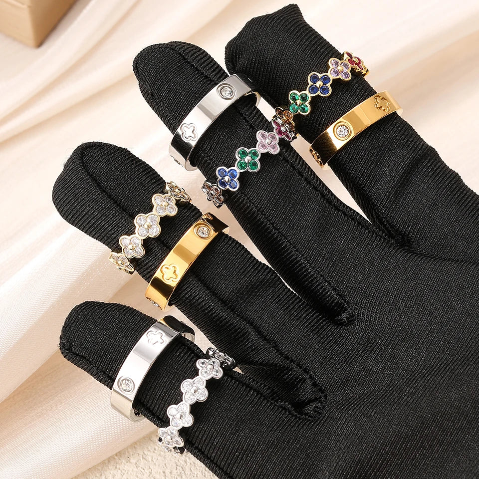 Französisches Nischen-Ring-Set (Vierblättrige Blume & Zirkonia)