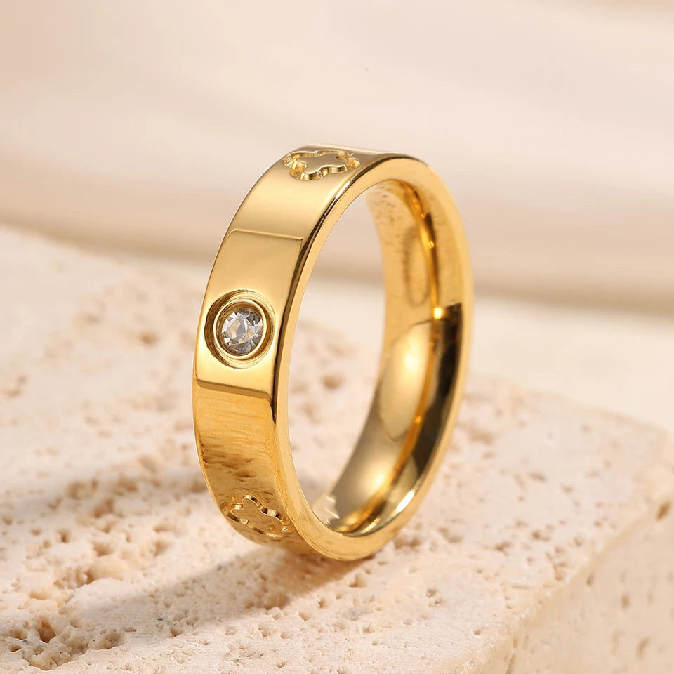 Französisches Nischen-Ring-Set (Vierblättrige Blume & Zirkonia)