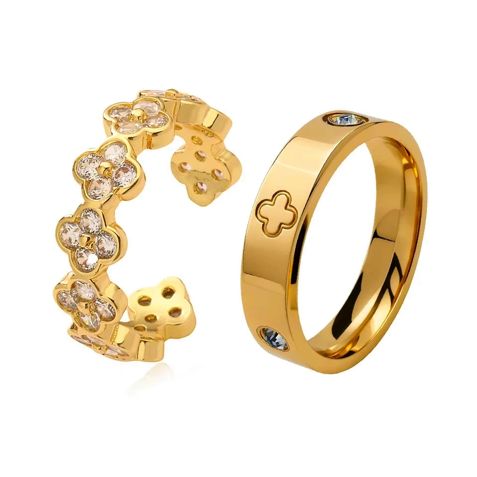 Französisches Nischen-Ring-Set (Vierblättrige Blume & Zirkonia)