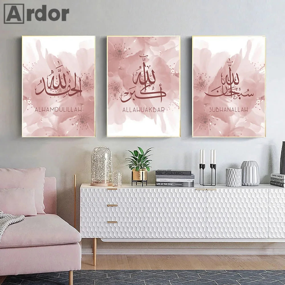 3er-Set: Florale Islamische Wandkunst (Rosa & Gold)