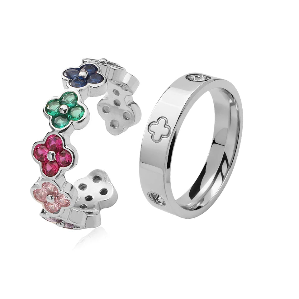 Französisches Nischen-Ring-Set (Vierblättrige Blume & Zirkonia)