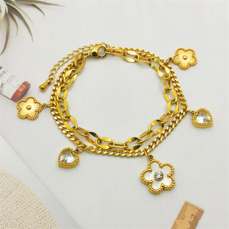 Elegantes Edelstahl Charm-Armband – Herz, Blume &amp; Muschel-Design mit Zirkonia