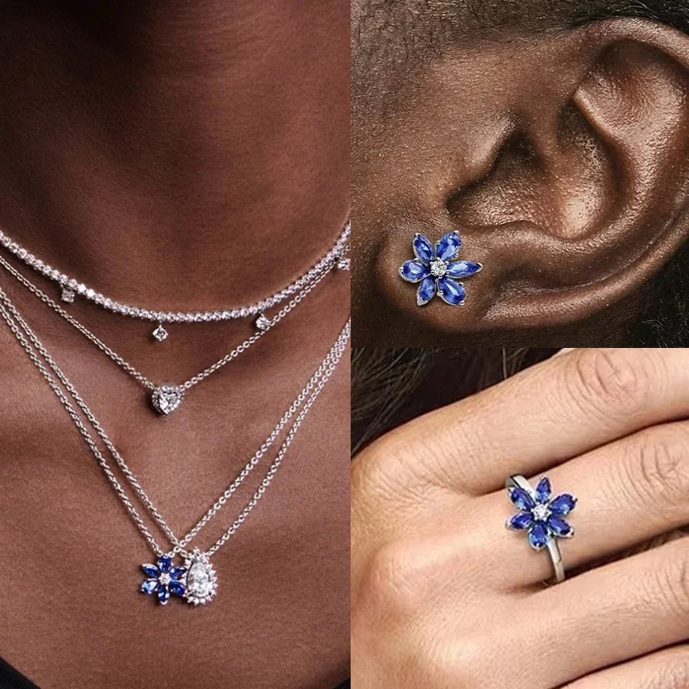 Sterling Silber 925 – Sparkling Blue Flower Schmuckset für Damen