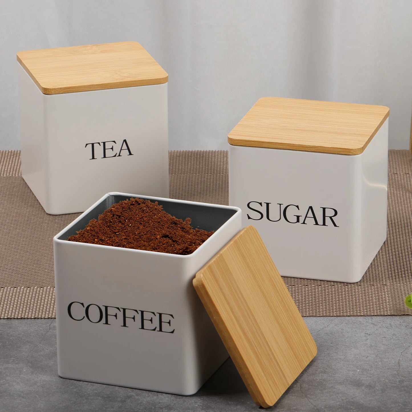Küchen-Trio „Bambus & Metal“ – Set für Tee, Kaffee & Zucker