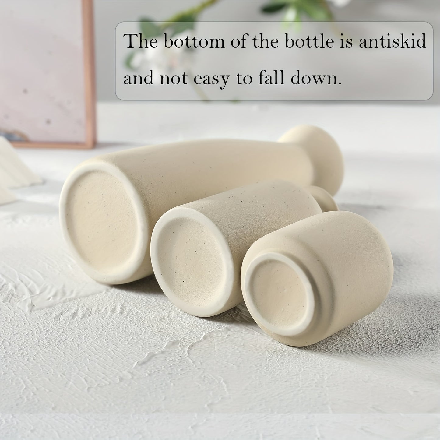 3er Set Beige Keramik-Knospenvasen im Boho-Stil